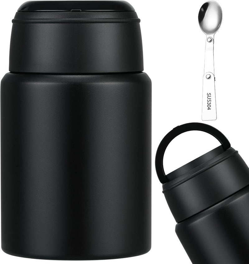Aimsnk 17oz Soup Thermo for Hot Food Kids Insulated Food Jar,Thermo Hot Food Lunch Container, Width Mouth Stainless Steel Lunch Box for Kids with Handle Folding Spoon(Black-Pure) - Image 1